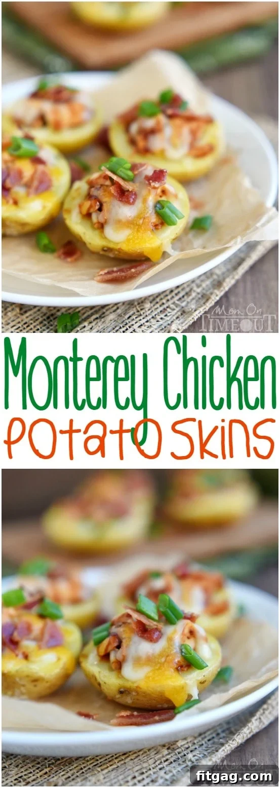 Monterey Chicken Potato Skins - your new favorite appetizer! Loaded with barbecue chicken, cheese, and bacon, they're the perfect appetizer for your next party!
