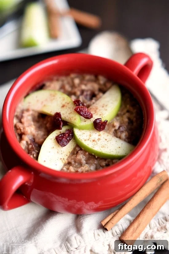 A close-up view of creamy apple pie slow cooker oatmeal in a rustic white bowl, showcasing its rich texture and a hint of warm spices mixed in.