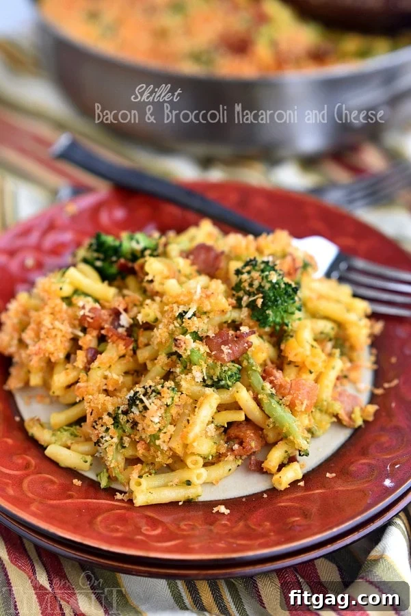 Hearty Skillet Bacon and Broccoli Macaroni and Cheese baked to perfection with a golden crust, ready for a family dinner.