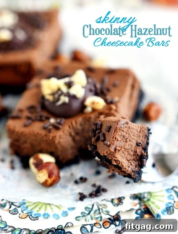Nutella Cheesecake Squares 2 Delicious Skinny Chocolate Hazelnut Cheesecake Bars with a decadent ganache topping, perfect for guilt-free indulgence.