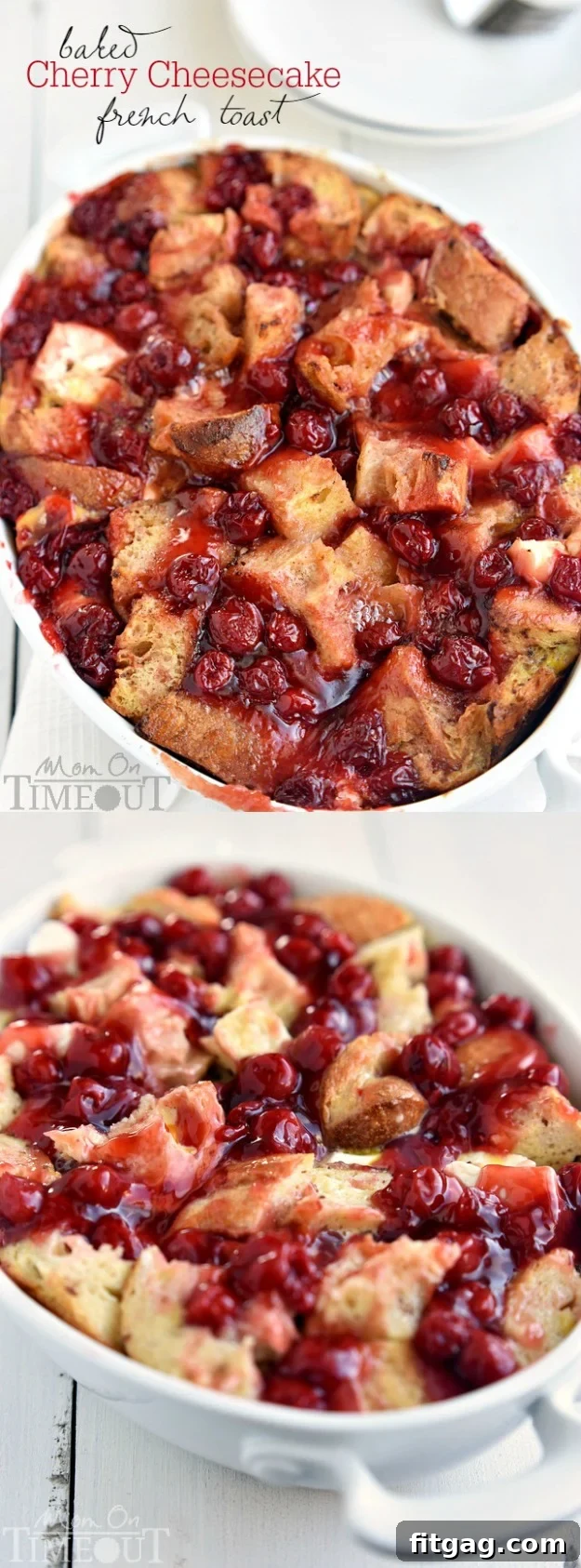 A collage of various images of the Baked Cherry Cheesecake French Toast Casserole, showcasing its preparation, layers, and final serving presentation.