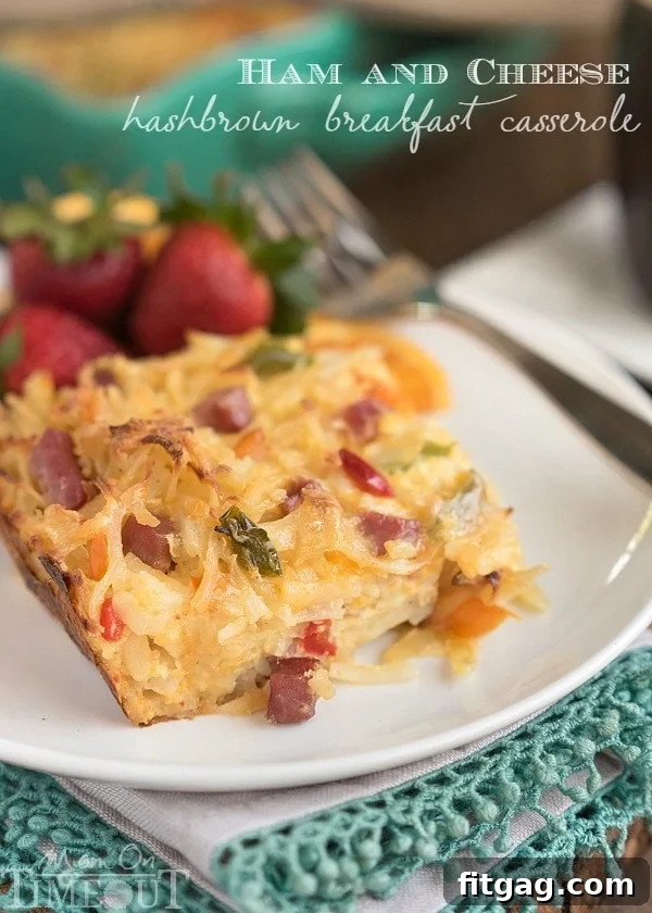 Golden Ham Cheese and Hash Brown Breakfast Delight 3 Another mouthwatering image of the Ham and Cheese Hash Brown Breakfast Casserole, showcasing its golden crust and delicious interior. An ideal solution for leftover ham, easy and crowd-pleasing. | MomOnTimeout.com