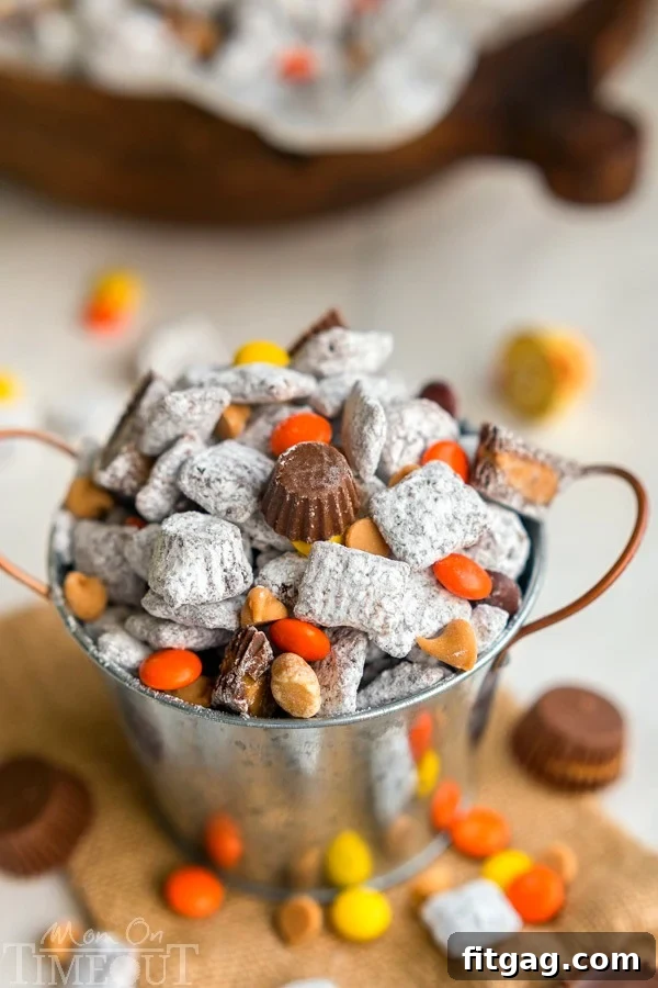 Delicious Reese's Muddy Buddies with a rich coating of powdered sugar and chocolate, perfect for a quick snack.