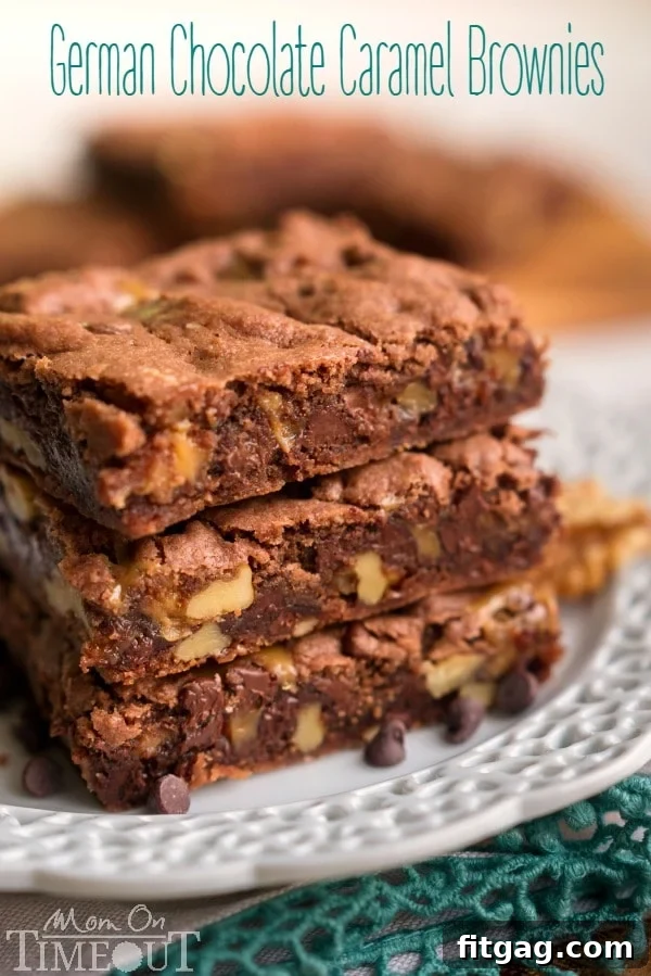 Fudgy German Chocolate Caramel Brownies with a rich caramel swirl