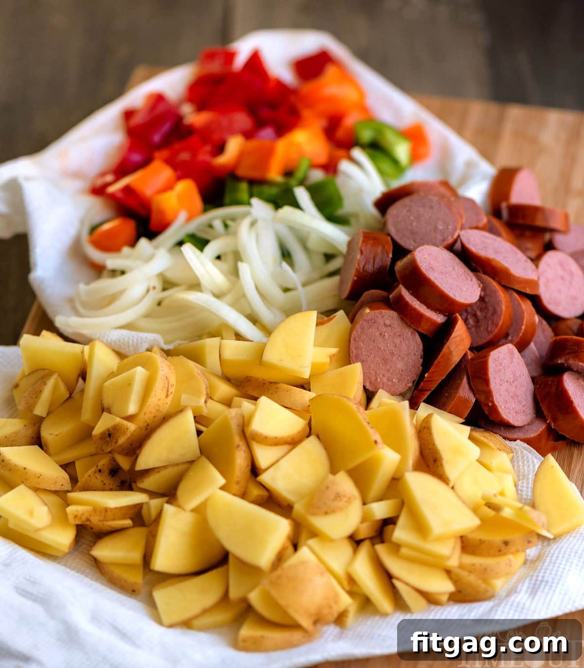 Kielbasa potato recipe ingredients all cut up and ready to be used.