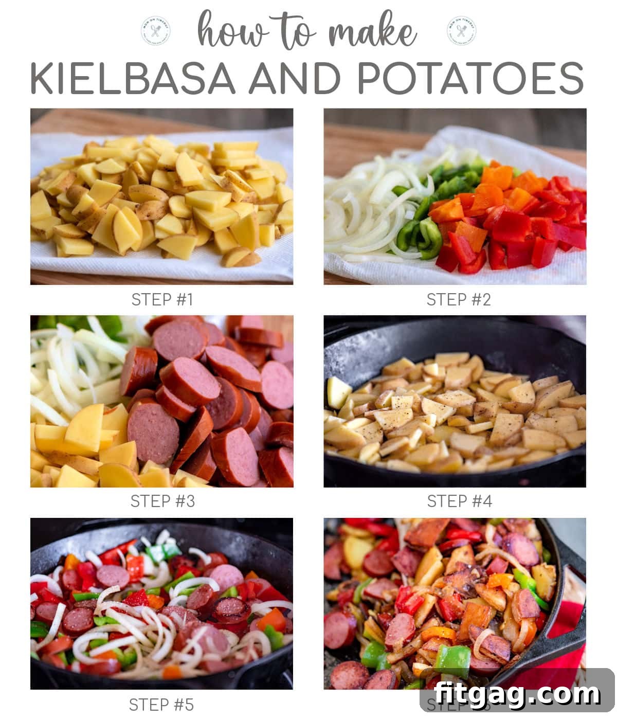 Six image collage showing how to make kielbasa and potatoes step by step.
