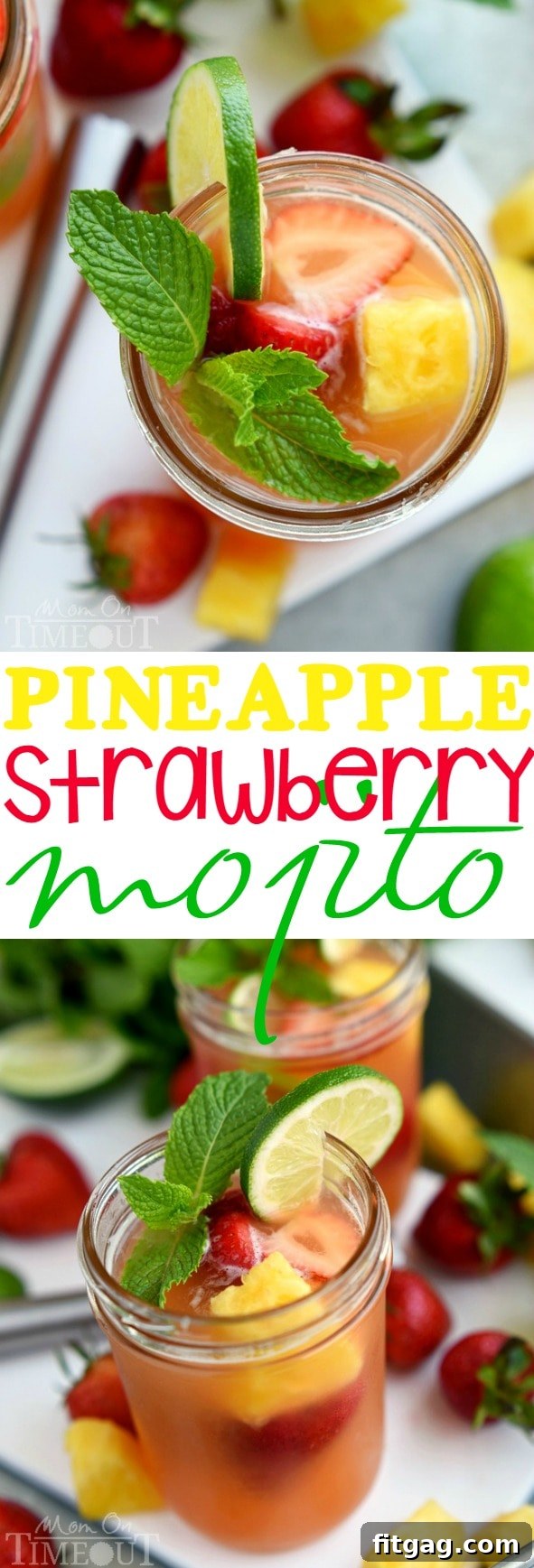 A vibrant and refreshing Pineapple Strawberry Mojito cocktail, garnished with fresh fruit and mint, showcasing its appeal as a perfect summer drink.