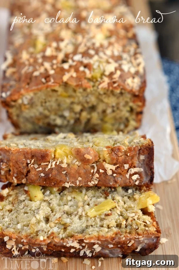 Super moist Pina Colada Banana Bread with pineapple and toasted coconut