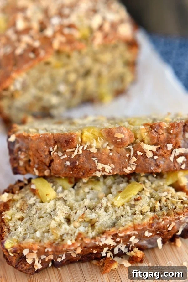 Close-up of Pina Colada Banana Bread with golden toasted coconut