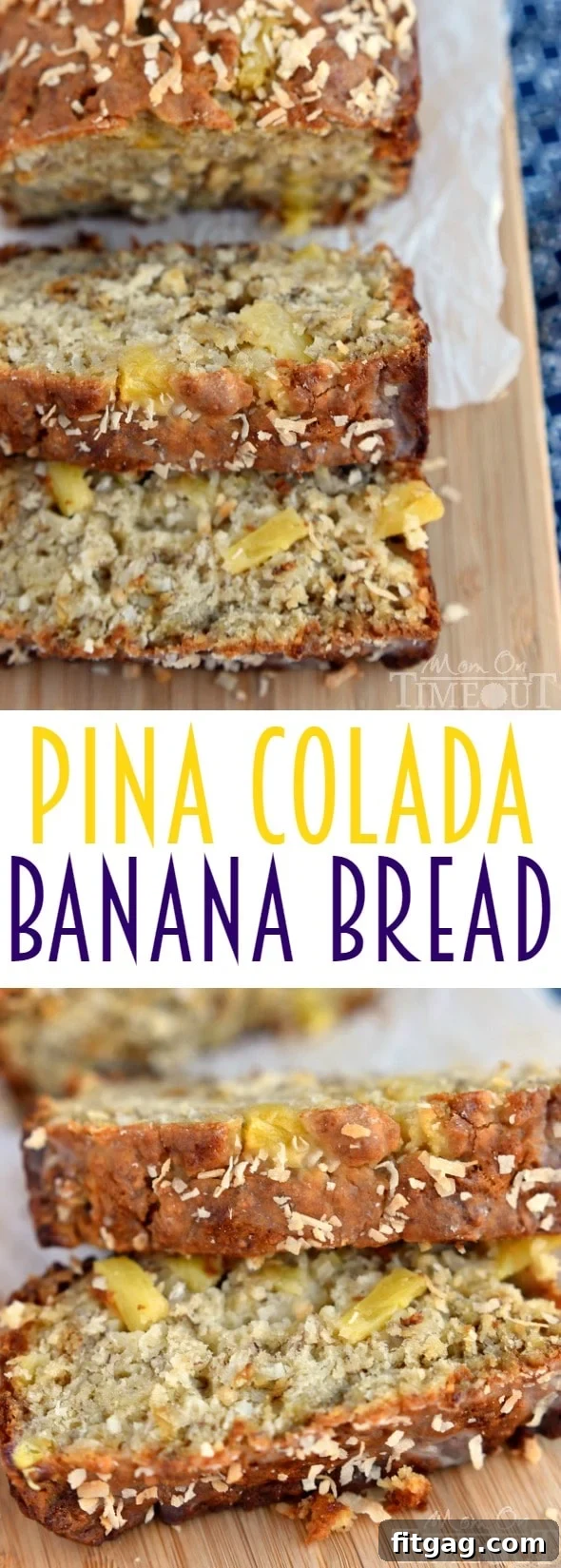 Finished Pina Colada Banana Bread loaf on a serving board