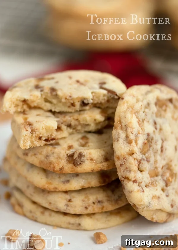 Golden Toffee Fridge Cookies 2 You're just six ingredients away from these glorious melt in your mouth Toffee Butter Icebox Cookies! Deliciously buttery and perfectly rich, this easy cookie recipe is the perfect dessert for any day! | MomOnTimeout.com | #cookie