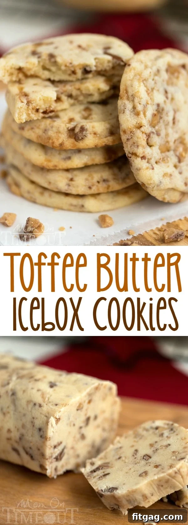 You're just six ingredients away from these glorious, melt in your mouth, Toffee Butter Icebox Cookies! Deliciously buttery and perfectly rich, this easy cookie recipe is the perfect dessert for any day! // Mom On Timeout #cookies #sliceandbake #iceboxcookies #baking #toffee #desserts #dessert #easyrecipe toffee butter icebox cookies collage baked cookies cookie dough sliced