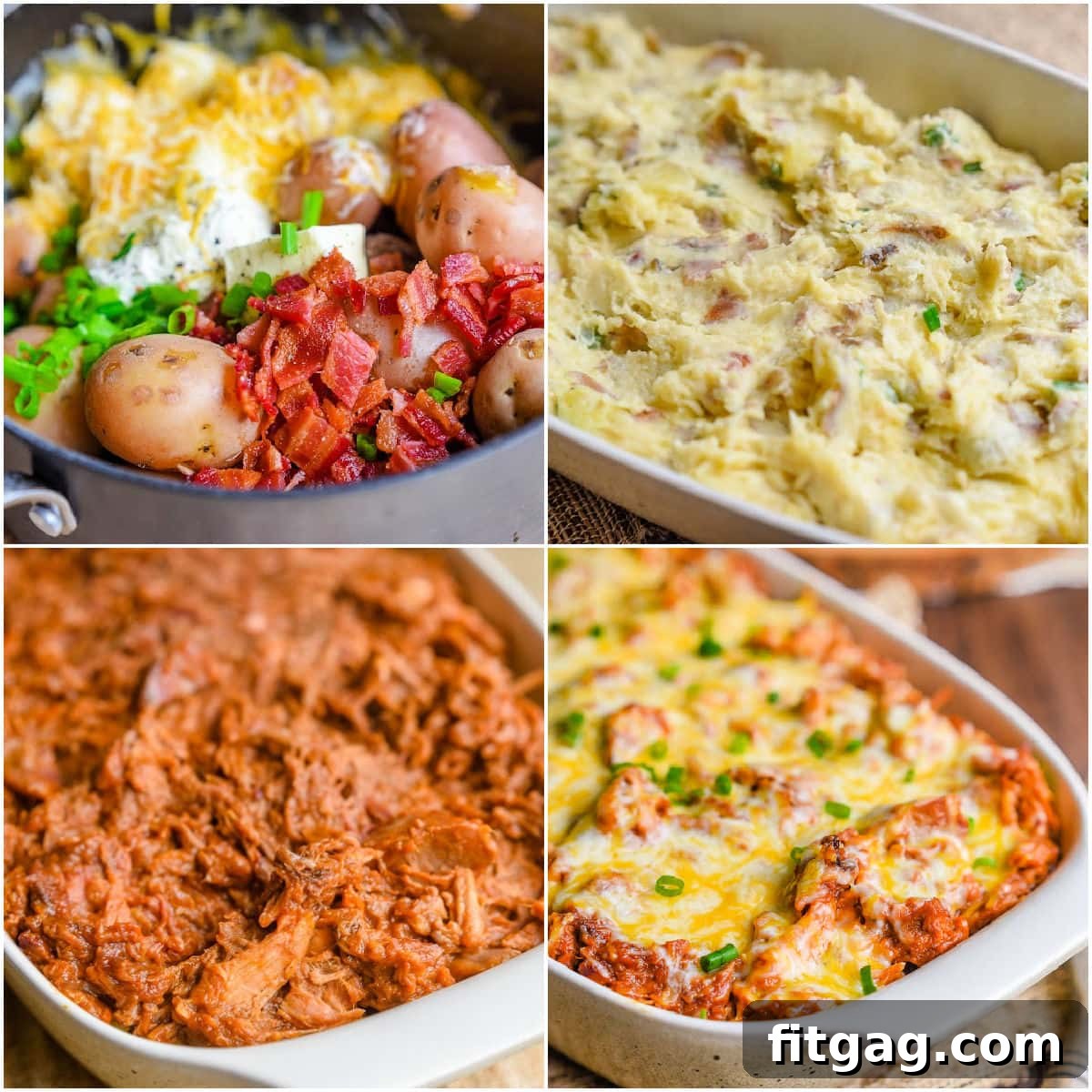 A four-image collage demonstrating the step-by-step process of making pulled pork mashed potato casserole.