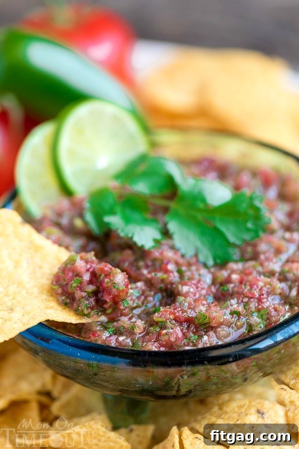 A close-up of a bowl of fresh Easy Garden Blender Salsa, brimming with diced tomatoes, onions, cilantro, and jalapenos, ready to be scooped up with golden tortilla chips. The vibrant colors highlight the garden-fresh ingredients.