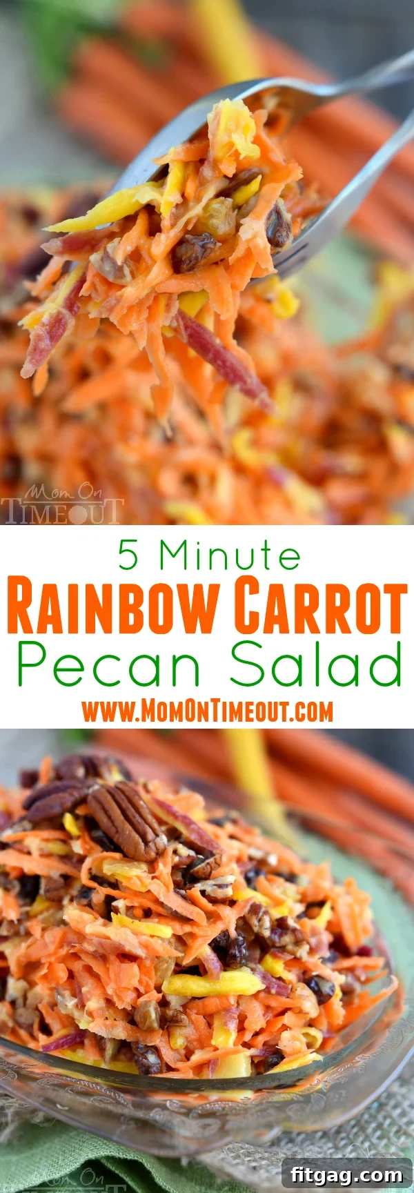 Speedy Rainbow Carrot Pecan Salad 5 Close up of a bowl of Rainbow Carrot Pecan Salad, highlighting the different colored carrots and texture.