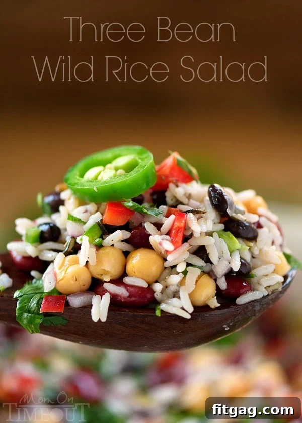 A spoonful of vibrant Wild Rice Three Bean Salad showcasing kidney beans, black beans, garbanzo beans, and colorful vegetables