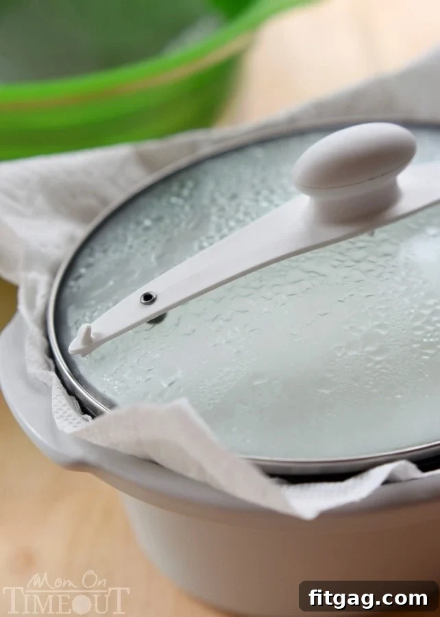 Paper towel placed under slow cooker lid to absorb condensation
