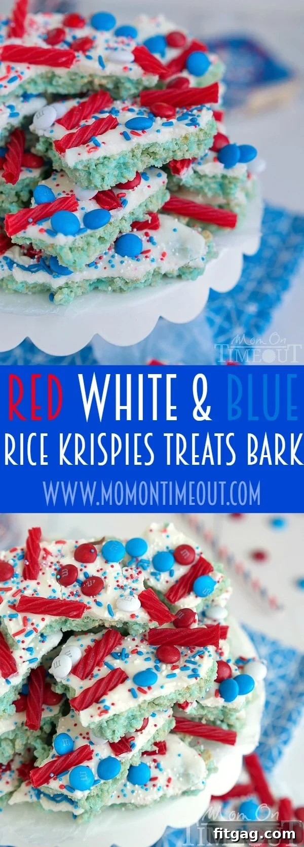 A large piece of Red White and Blue Rice Krispies Treats Bark, beautifully decorated and ready for a celebration.