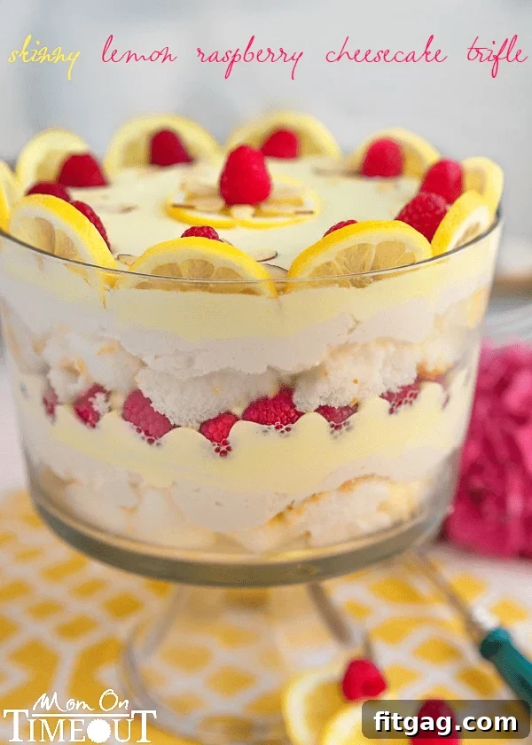 Airy Lemon Raspberry Cheesecake Trifle 2 Delicious layers of angel food cake, light lemon cheesecake, and fresh raspberries in a glass trifle dish