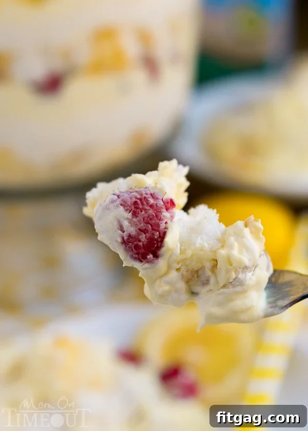 Airy Lemon Raspberry Cheesecake Trifle 6 A close-up of a serving of Skinny Lemon Raspberry Cheesecake Trifle, showing all the delightful layers