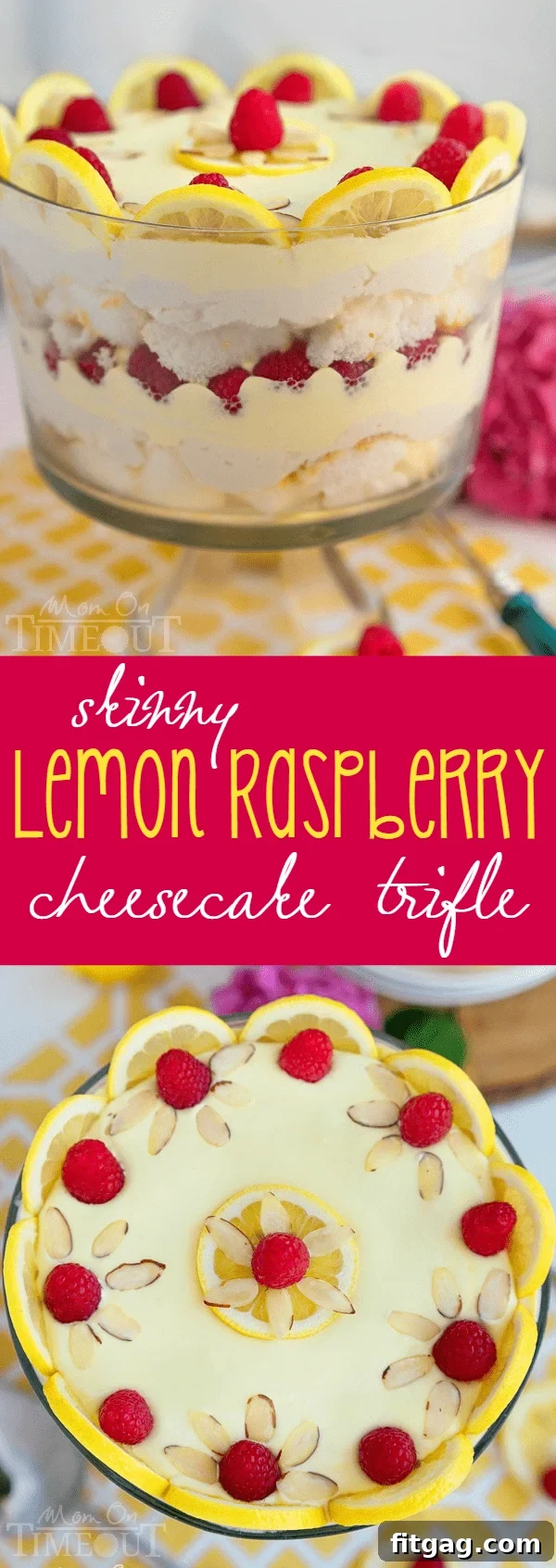 Airy Lemon Raspberry Cheesecake Trifle 7 A tall, elegant serving of Skinny Lemon Raspberry Cheesecake Trifle with fresh raspberries on top
