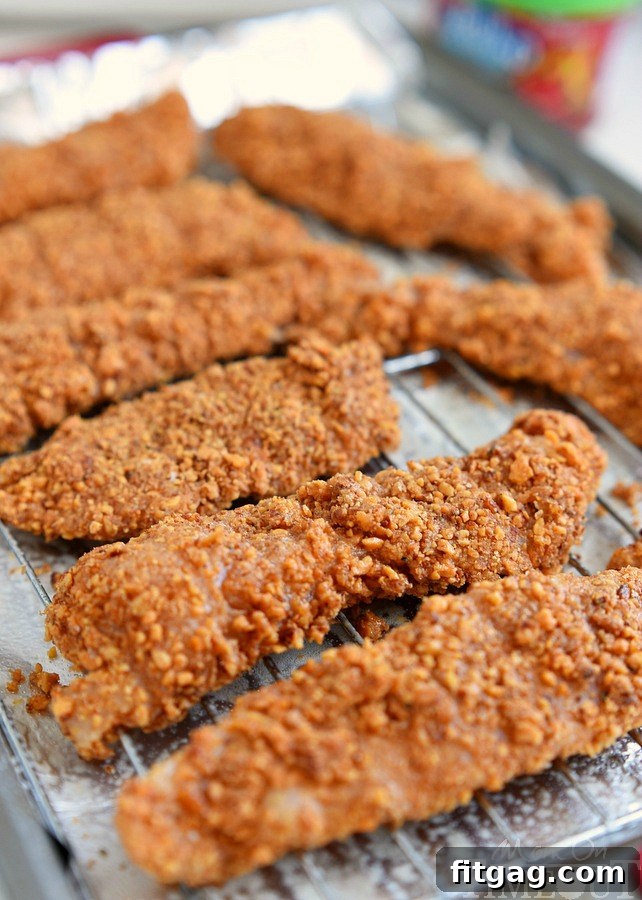 Raw chicken strips evenly coated with sriracha almond breading, resting on a metal wire rack