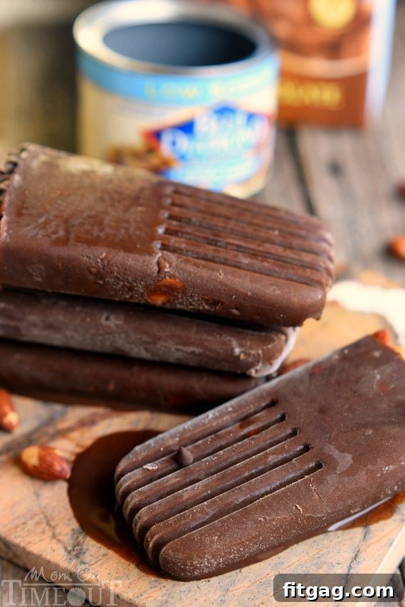 Close-up of a Mocha Almond Fudge Pudding Pop, showing the rich chocolate and almond pieces