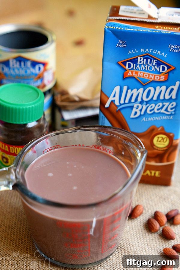 Ingredients for Mocha Almond Fudge Pudding Pops: Almond Breeze, pudding mix, almonds, chocolate chips