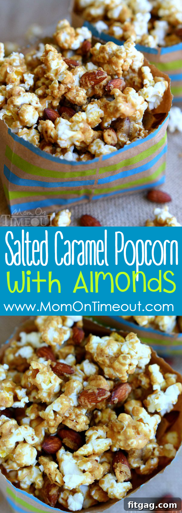 Sweet & Salty Almond Popcorn Crunch 10 A large batch of Salted Caramel Popcorn with Almonds, perfect for sharing. | MomOnTimeout.com