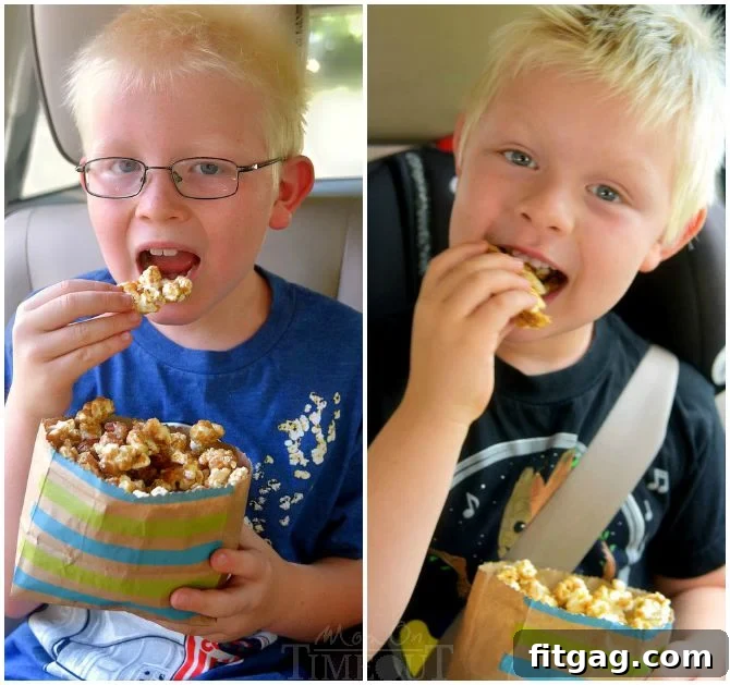 Sweet & Salty Almond Popcorn Crunch 5 Kids happily eating Salted Caramel Popcorn with Almonds on a road trip.