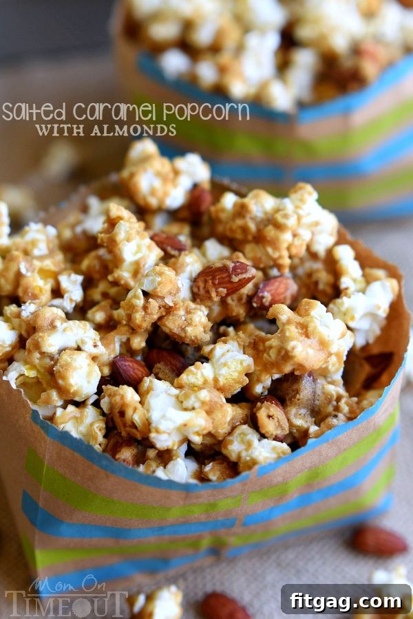 Sweet & Salty Almond Popcorn Crunch 8 Salted Caramel Popcorn with Almonds artfully arranged, highlighting its homemade appeal. | MomOnTimeout.com
