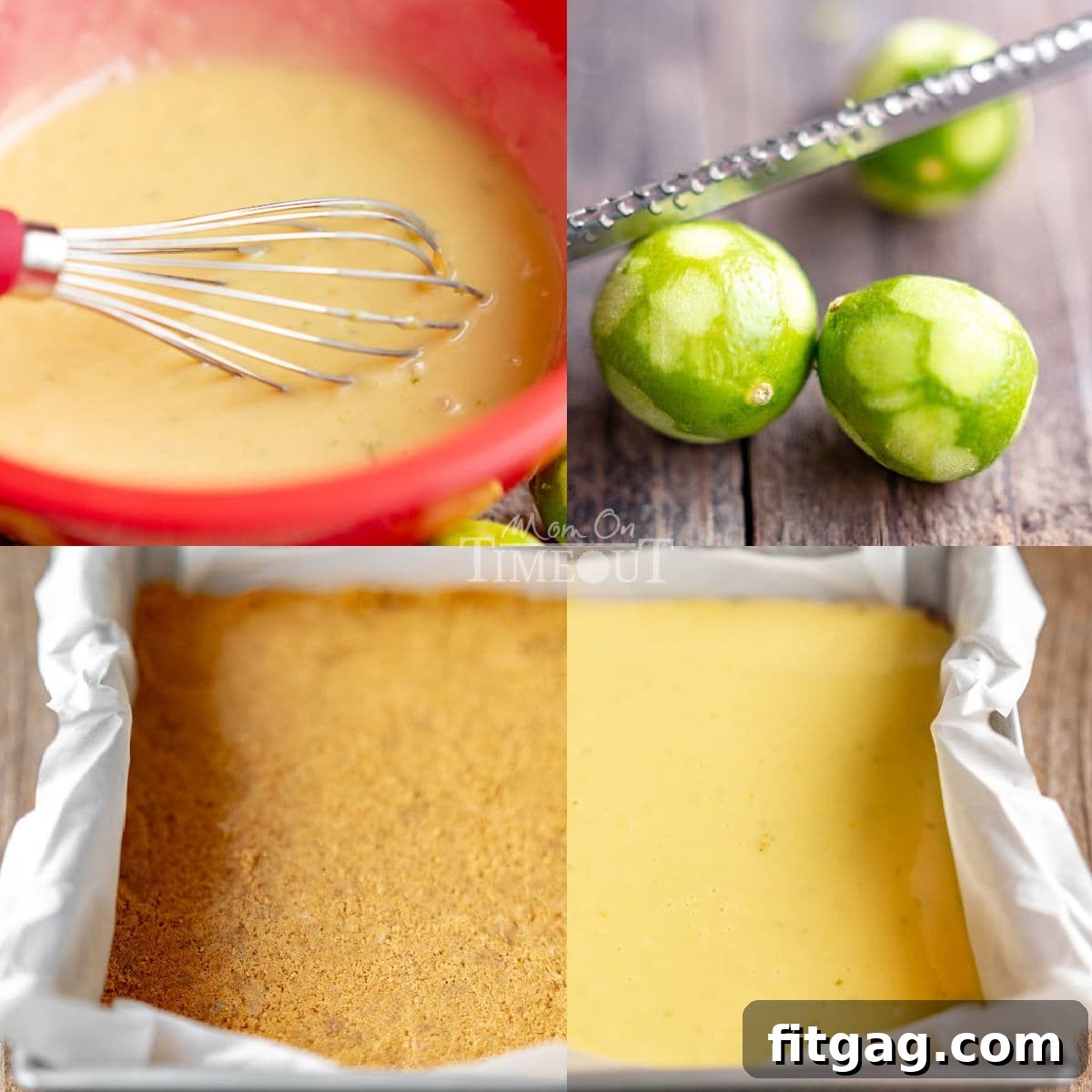 Tangy Key Lime Bars 5 A four-image collage illustrating the step-by-step process of making Key Lime Pie Bars, from preparing the crust to pouring the filling.