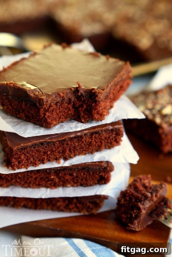 The Ultimate Texas Sheet Cake Recipe 5 A close-up of a perfectly sliced piece of the best Texas Sheet Cake, showcasing its moist interior and glossy chocolate frosting.