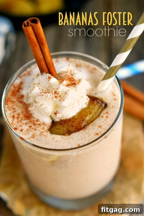 A delicious and protein-packed Bananas Foster Smoothie, combining yummy banana and caramel flavors for a sweet and easy breakfast recipe. Perfect for busy mornings to fuel your day. | MomOnTimeout.com