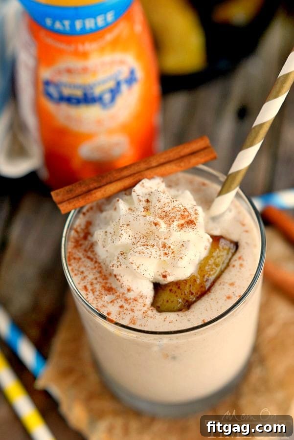The key ingredient: International Delight Caramel Macchiato creamer. Experience yummy banana and caramel flavors in this protein-packed Bananas Foster Smoothie. A delicious and easy breakfast. | MomOnTimeout.com
