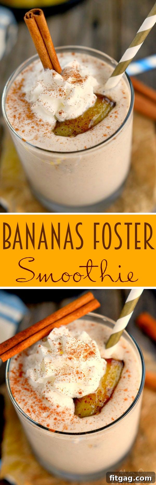 Enjoy this Bananas Foster Smoothie, a yummy banana and caramel flavored, protein-packed, delicious, sweet, and easy breakfast recipe that will make you want to wake up early! | MomOnTimeout.com